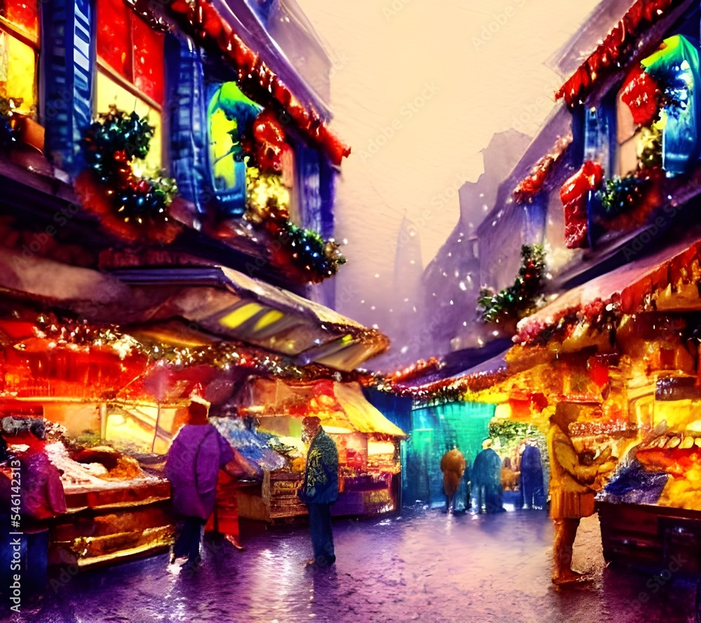 The sun is setting behind the rows of wooden market stalls, casting a warm glow over the scene. Festive music floats through the air, mingling with laughter and the sound of people chatting. The stall