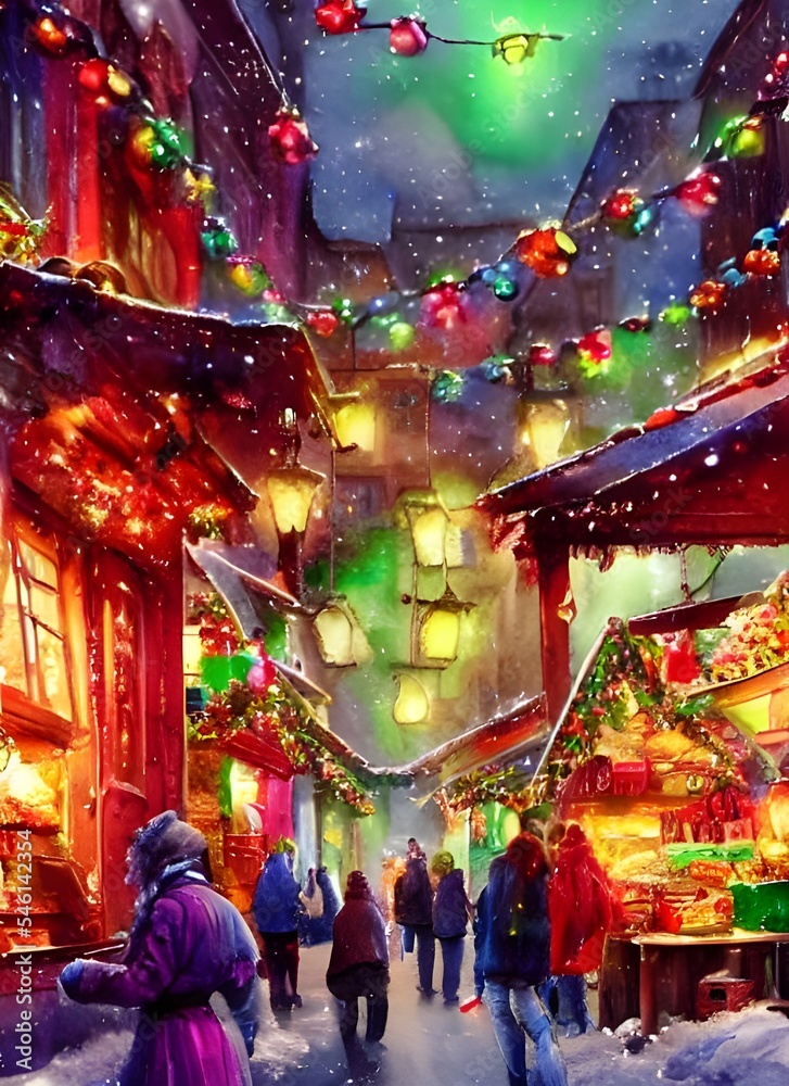 Snow is falling lightly on the busy christmas market. The smell of roasted chestnuts and gingerbread fills the air. Children are laughing as they run around, excited for Santa's arrival.