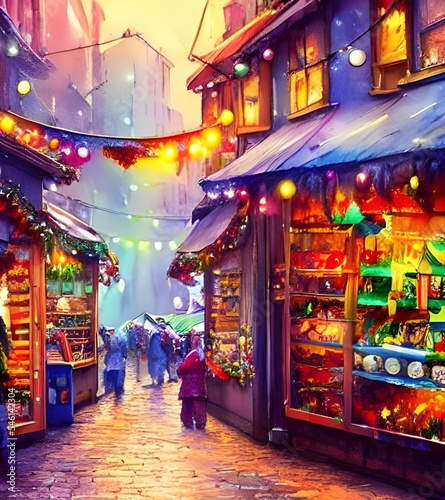 The Christmas market evening is very atmospheric. The lights in the trees and on the stalls create a warm and inviting feeling. The smell of mulled wine and roasted chestnuts fills the air, making eve © dreamyart