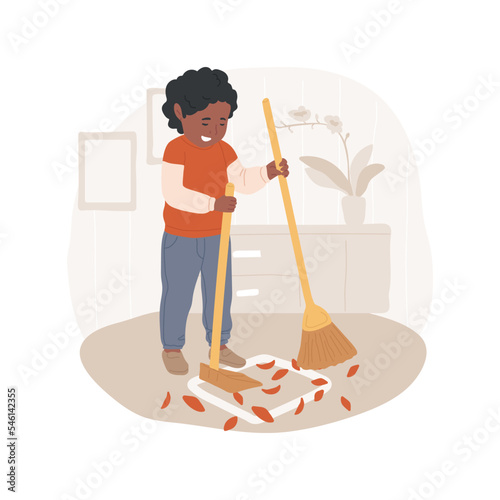 Sweeping floor isolated cartoon vector illustration. Child sweeping scattered material into small square, using scoop and broom, care of environment, montessori preschool vector cartoon.