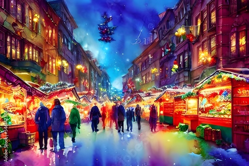 The Christmas market is bustling with people and the air is full of excitement. The stalls are decorated with lights, tinsel and all sorts of festive trinkets. There's a big tree in the middle of the  © dreamyart