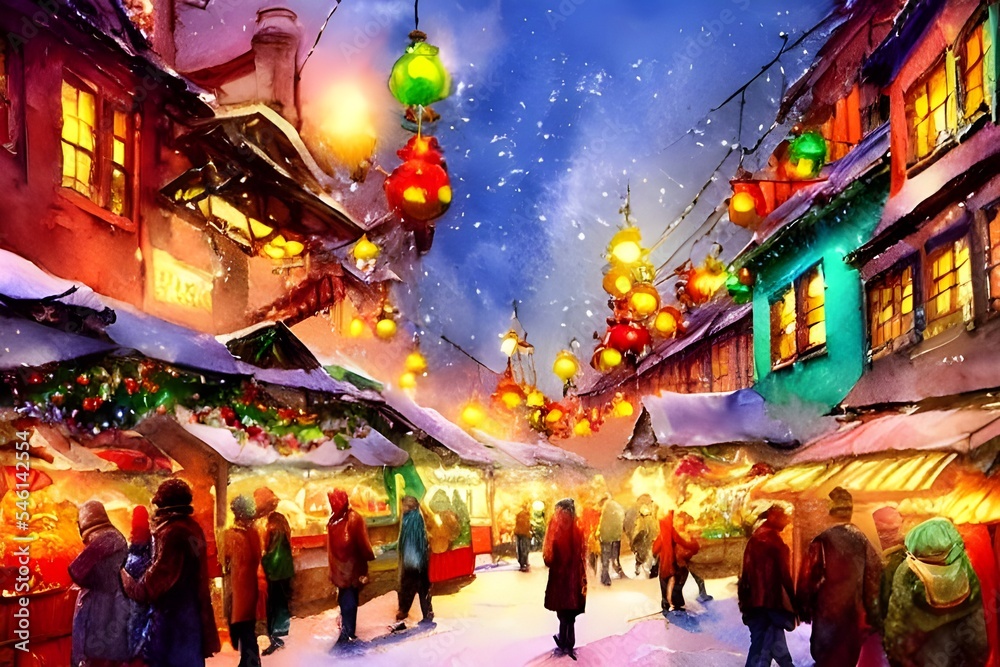 The Christmas market is in full swing, with people enjoying the festive atmosphere and browsing through the stalls. The smell of mulled wine and gingerbread fills the air, and there's a feeling of exc