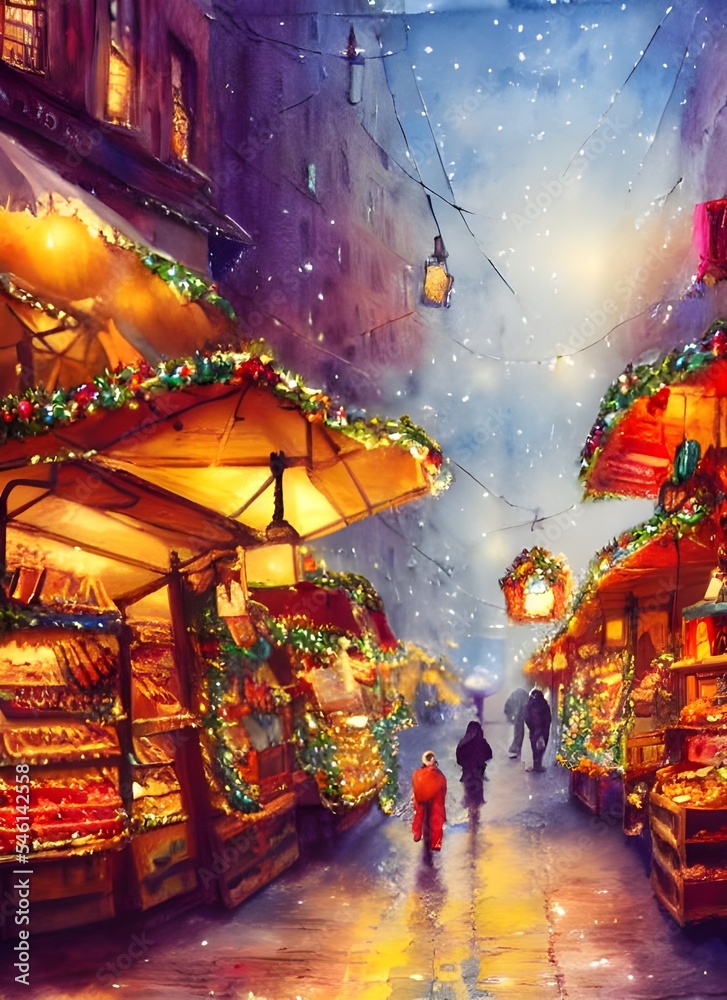 The twinkling lights of the Christmas market reflect off the snow-covered ground. The air is filled with the smell of cinnamon and pine, and people are milling around happily, enjoying the festive atm