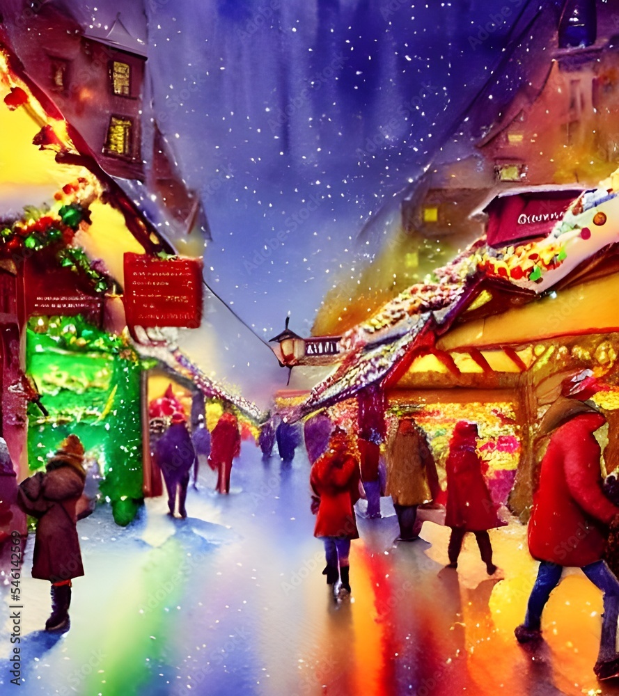 The Christmas market is in full swing, with people milling about and stalls lit up with fairy lights. There's a festive atmosphere in the air, and the smell of mulled wine and gingerbread. The stallho