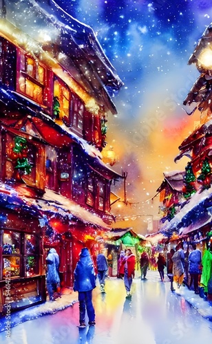 The Christmas market is bustling with people and the smell of roasting chestnuts in the cold evening air. The stalls are decked out with lights and bright decorations, selling everything from hand-mad © dreamyart
