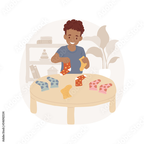 Matching pairs isolated cartoon vector illustration. Pairing exercise for toddler, find a matching pair for a sock, preschool education, montessori teaching method, self-care vector cartoon.