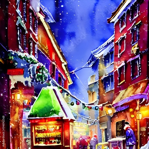 The Christmas market is in full swing with people browsing the stalls and enjoying the festive atmosphere. The air is filled with the scent of mulled wine and cinnamon, and there's a real sense of exc © dreamyart