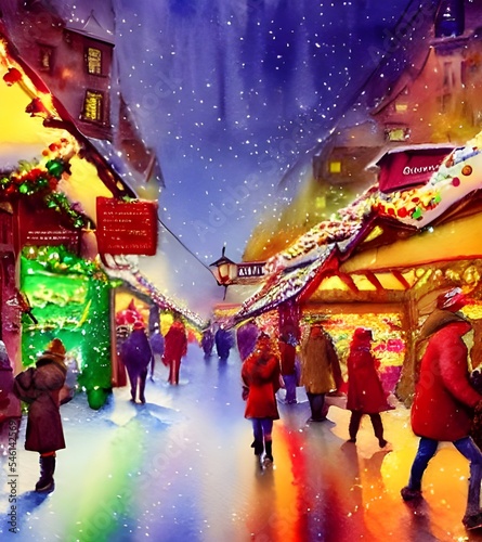 The Christmas market is in full swing, with people milling about and stalls lit up with fairy lights. There's a festive atmosphere in the air, and the smell of mulled wine and gingerbread. The stallho