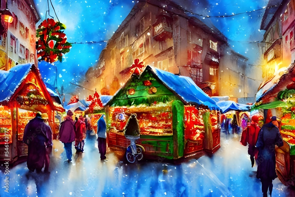 The Christmas market is busy with people talking and laughter. The air smells of pine trees and cinnamon. Music is playing in the background. The market stalls are decorated with lights and garlands. 