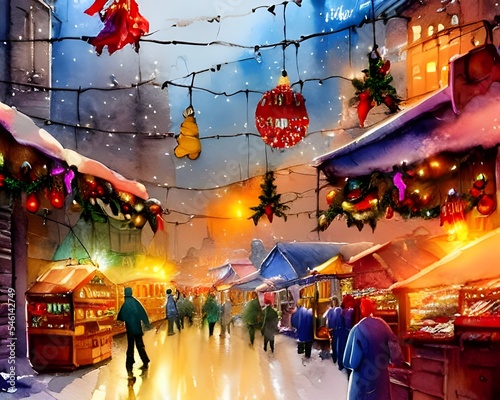It's Christmas market evening and the air is thick with the smell of Mulled Wine and gingerbread. The stalls are all decked out in their festive best, with twinkly lights and holly wreaths galore © dreamyart