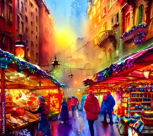 The Christmas market is bustling with people, the air filled with the smell of roasted chestnuts and mulled wine. Little wooden stalls line the square, selling festive decorations and handmade toys. T