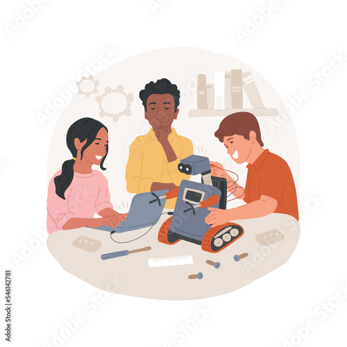 Robotics club isolated cartoon vector illustration. Group of young teens making robot, middle school tech activity, robotics student club, engineering project, programming skill vector cartoon.