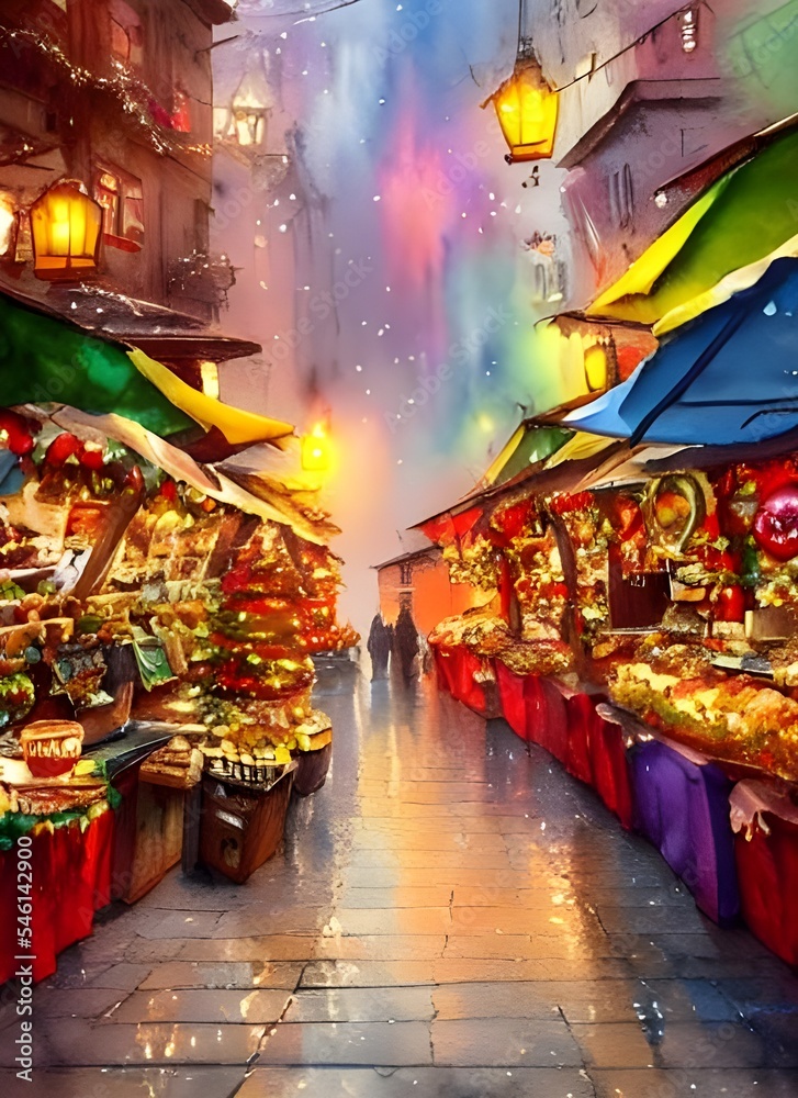 Obraz premium The Christmas market is bustling with people and the air is thick with the smell of cinnamon. The stalls are decorated with lights and there's a feeling of excitement in the air.