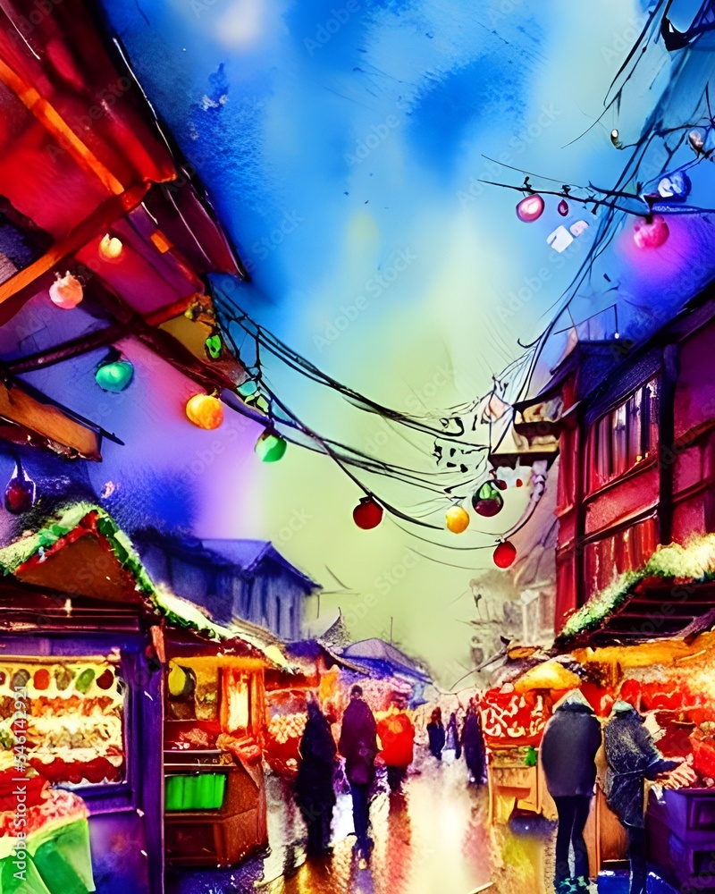 The Christmas market is bustling with people, all enjoying the festive atmosphere. The stalls are decorated with lights and there is a real feeling of excitement in the air.