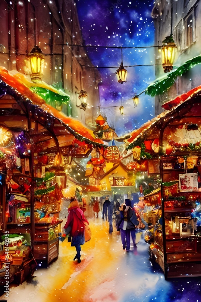 The market is bustling with people and the air is thick with the smell of cinnamon. Strings of lights illuminate the market stalls, which are selling everything from handcrafted goods to traditional C
