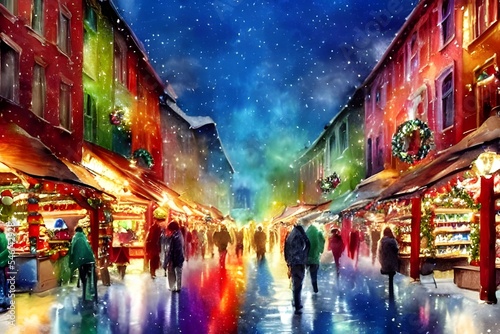 The Christmas market is bustling with shoppers and festive lights. The air is thick with the scent of mulled wine and roasted chestnuts. I browse the stalls, picking out handmade gifts for my loved on © dreamyart