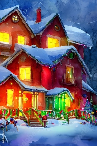 The house is decorated with Christmas lights and ornaments. There is a wreath on the door and presents around the tree. © dreamyart