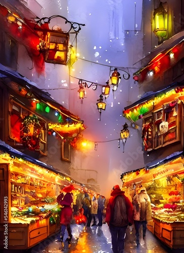 The air is full of the smell of cinnamon and pine, and the sound of laughter and music. I see people walking around with their arms full of presents and bags overflowing with treats. The market stalls © dreamyart