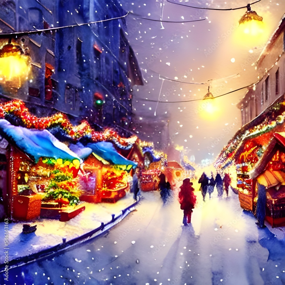 I'm standing in the center of the Christmas market, surrounded by festive lights and cheerful people. There's a warm feeling in the air, and I can smell cinnamon and evergreen. The snow is gently fall