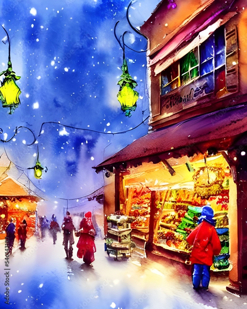 The Christmas market is in full swing. The square is lit up by thousands of lights, and the air is filled with the sound of carols and laughter. The stalls are laden with festive foods and gifts, and 