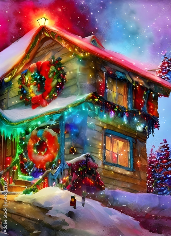 Fototapeta premium The house is adorned with Christmas decorations. There is a giant wreath on the door and string lights around the perimeter of the roof. A few reindeer sit on the lawn, and a Santa Claus figure waves 