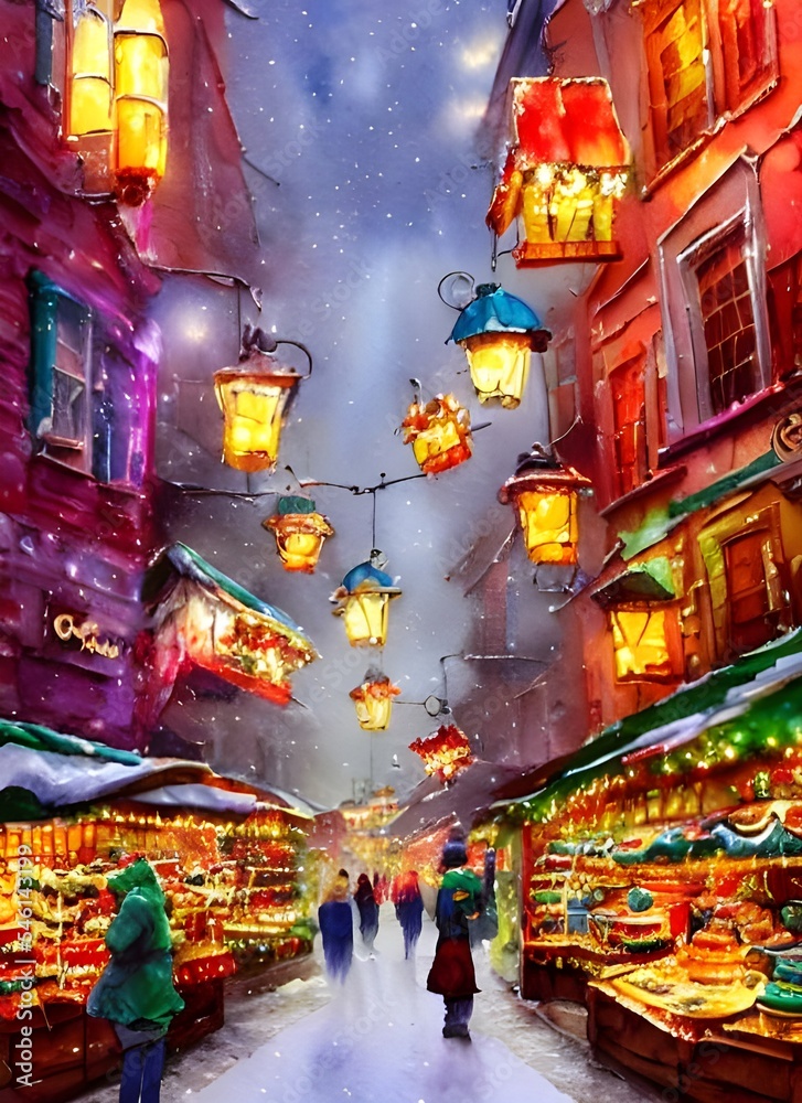 The Christmas market is bustling with people, the air filled with the scent of roasting chestnuts and mulled wine. The stalls are decorated with twinkling lights, and there's a feeling of excitement i