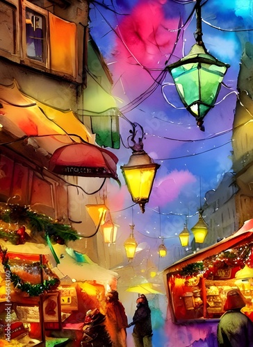 The Christmas market is bustling with people, the air filled with the smell of cinnamon and cloves. Strings of lights twinkle overhead, casting a warm glow over everything. The stalls are laden with f