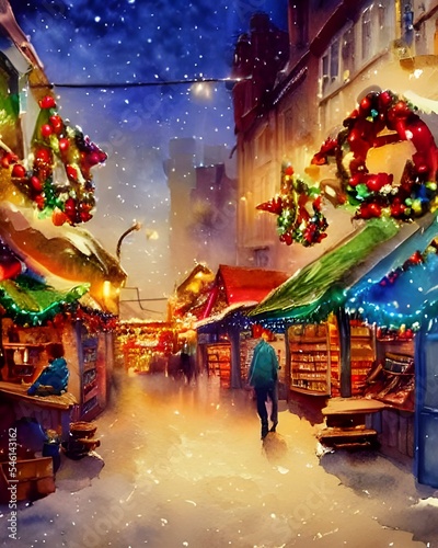 The lights of the Christmas market are shining in the dark night. The stalls are full of people buying presents and eating delicious food. The atmosphere is really festive and everyone is happy. © dreamyart