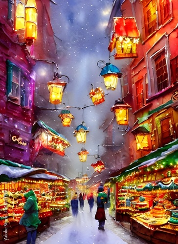 The Christmas market is bustling with people, the air filled with the scent of roasting chestnuts and mulled wine. The stalls are decorated with twinkling lights, and there's a feeling of excitement i