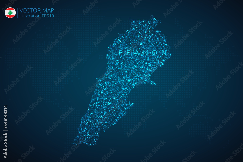 Map of Lebanon modern design with abstract digital technology mesh polygonal shapes on dark blue background. Vector Illustration Eps 10.