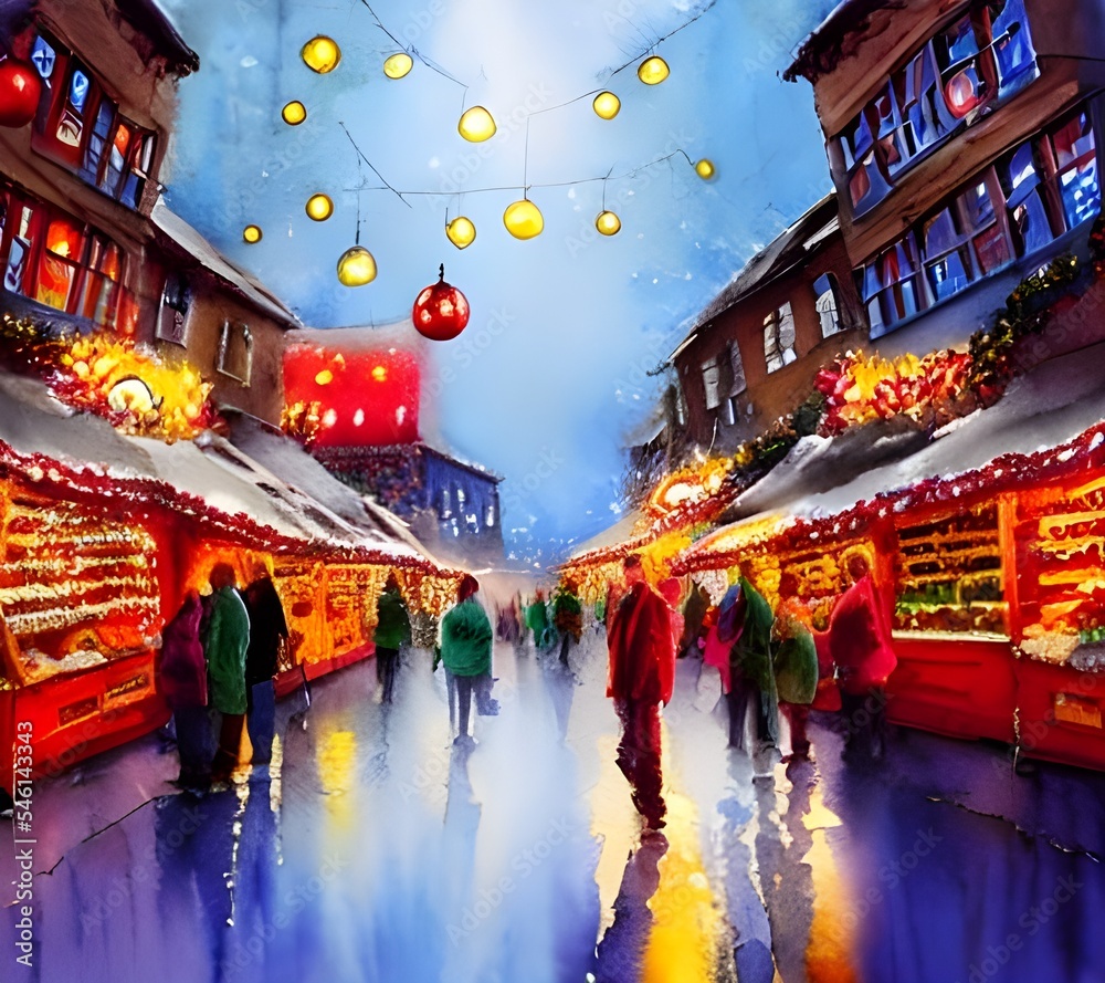 Obraz premium People are milling around the Christmas market, examining various trinkets and goods. The air is full of the smells of cinnamon and gingerbread, and string lights cast a soft glow over everything. Sma