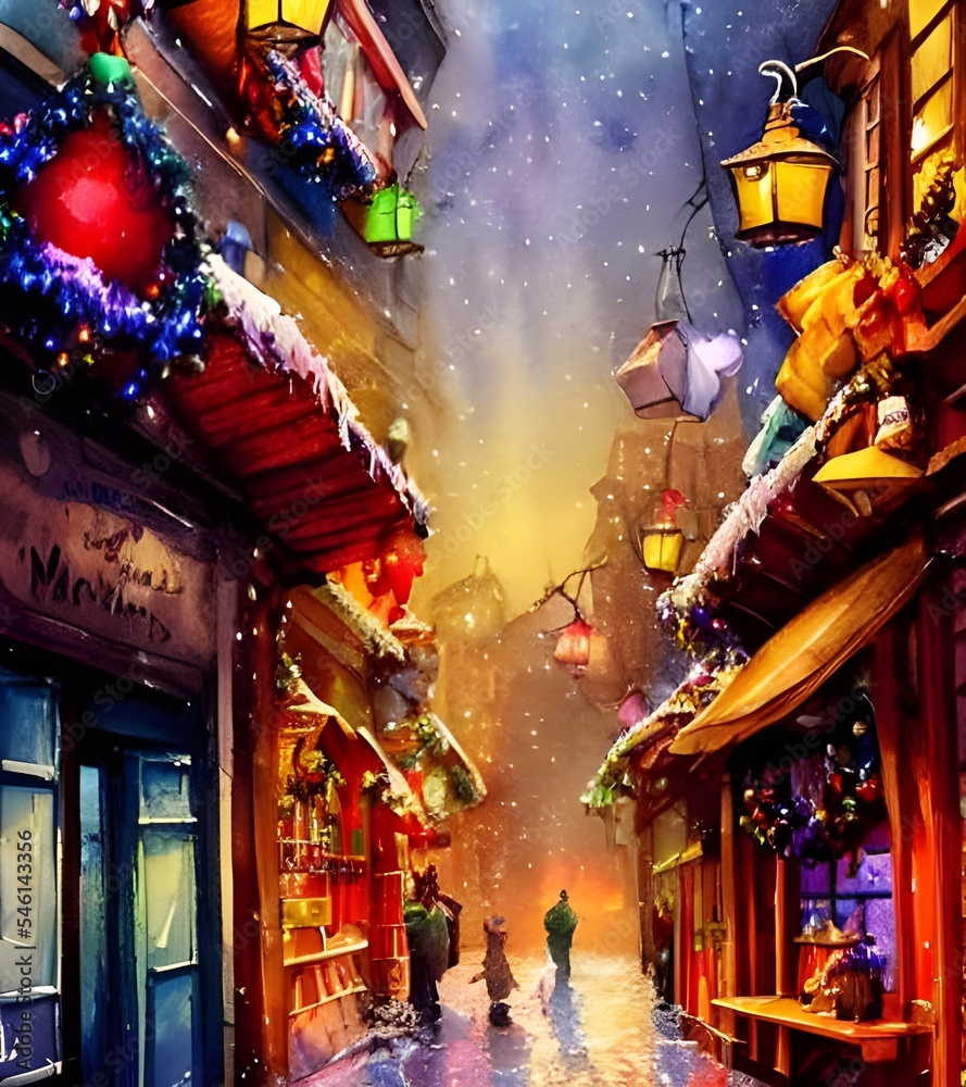 It's Christmas market evening and the air is full of the smell of roasted chestnuts and cinnamon. The twinkling lights of the stalls reflect off the snow, which is just starting to fall gently. People It's Christmas market evening and the air is full of the smell of roasted chestnuts and cinnamon. The twinkling lights of the stalls reflect off the snow, which is just starting to fall gently. People