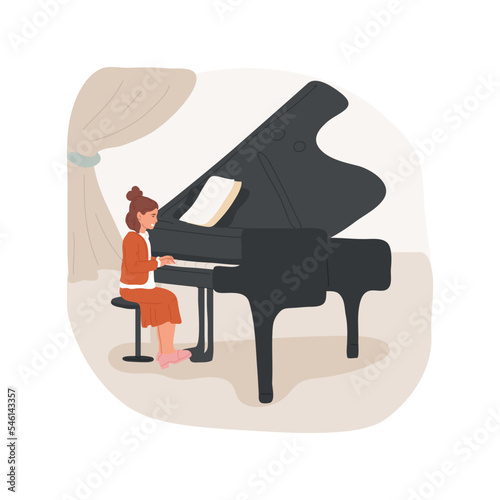 Piano solo performance on stage isolated cartoon vector illustration. Classical piano and orchestra classes, child performing on stage, reading music, fundamental musical skills vector cartoon.