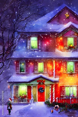 It s nearly Christmas  and the house is adorned with festive decorations. A string of lights runs along the roofline  a wreath hangs on the door  and a group of carolers stand on the lawn. It s