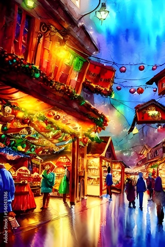 The air is thick with the scent of mulled wine and gingerbread. Strings of lights twinkle overhead  illuminating stalls piled high with handmade goods  carved wooden toys  jewelry sparkling with frost