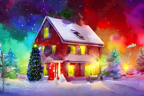 The house is outlined in sparkling lights. A giant wreath hangs on the door, and smaller ones adorn every window. Garland winds its way around the railings of the porch, and a big red bow sits atop a  photo