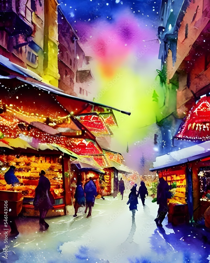 The Christmas market evening is always a magical time. The air is filled with the scent of evergreen trees and fresh baked goods. People bustle about, laughing and enjoying each other's company. The s