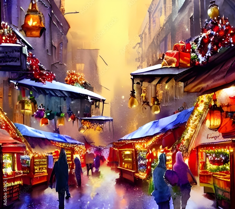 Obraz premium The Christmas market is in full swing, the air crisp and cold. The stalls are decked out with festive decorations, and the smell of mulled wine drifts through the crowd. laughter and chatter fill the 
