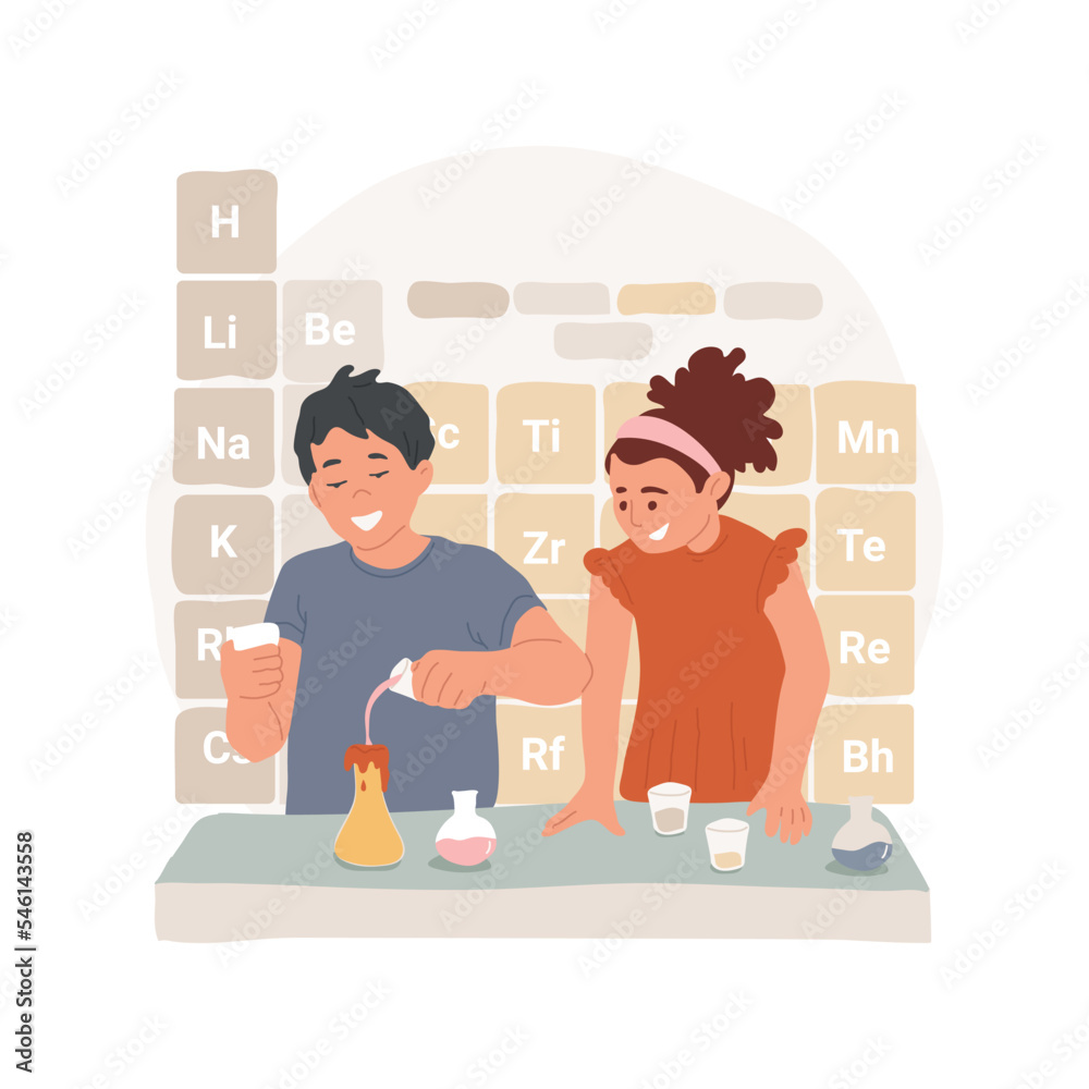 Learning chemical reactions isolated cartoon vector illustration. Students observe chemical reaction, making lab experiment, periodic table on the wall, middle school chemistry vector cartoon.