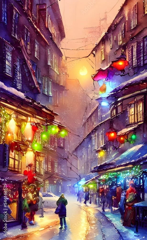 The Christmas market is bustling with people and the air smells of cinnamon. The stalls are decorated with lights and there's a feeling of excitement in the air.