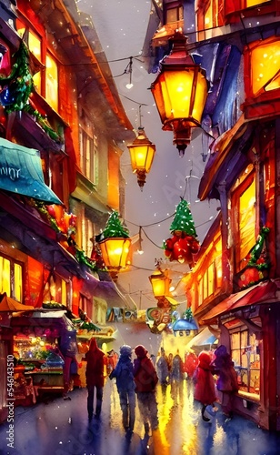 The Christmas market is in full swing, with people milling around the stalls and enjoying the festive atmosphere. The air is thick with the scent of mulled wine and cinnamon, and there's a real feelin © dreamyart