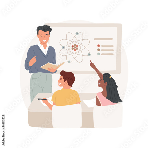 Physical science isolated cartoon vector illustration. Structure of atom poster, teacher explains interaction of elements, middle school physical science, introduction to matter vector cartoon.