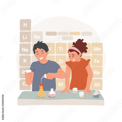 Learning chemical reactions isolated cartoon vector illustration. Students observe chemical reaction, making lab experiment, periodic table on the wall, middle school chemistry vector cartoon.