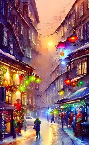 The Christmas market is bustling with people and the air smells of cinnamon. The stalls are decorated with lights and there's a feeling of excitement in the air. © dreamyart