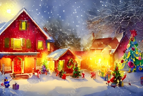 The house is decorated for Christmas with lights on the eaves and a wreath on the door. There's a tree in the front window, and presents piled under it. The snow is falling gently around the house, ma