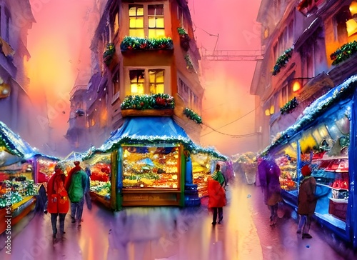 The Christmas market is bustling with people and the air is thick with the smell of roasted chestnuts. Strings of fairy lights criss-cross overhead, and the stalls are heaped high with festive goods. 