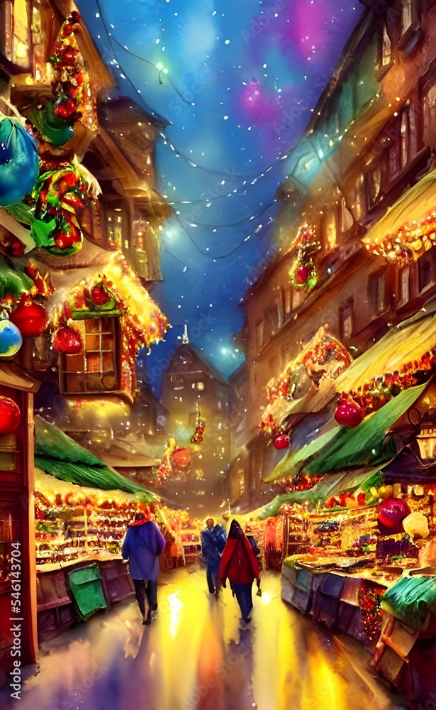 The Christmas market is in full swing and the air is thick with the smell of festive foods and people milling about. The stalls are decorated with twinkling lights and there's a feeling of excitement 