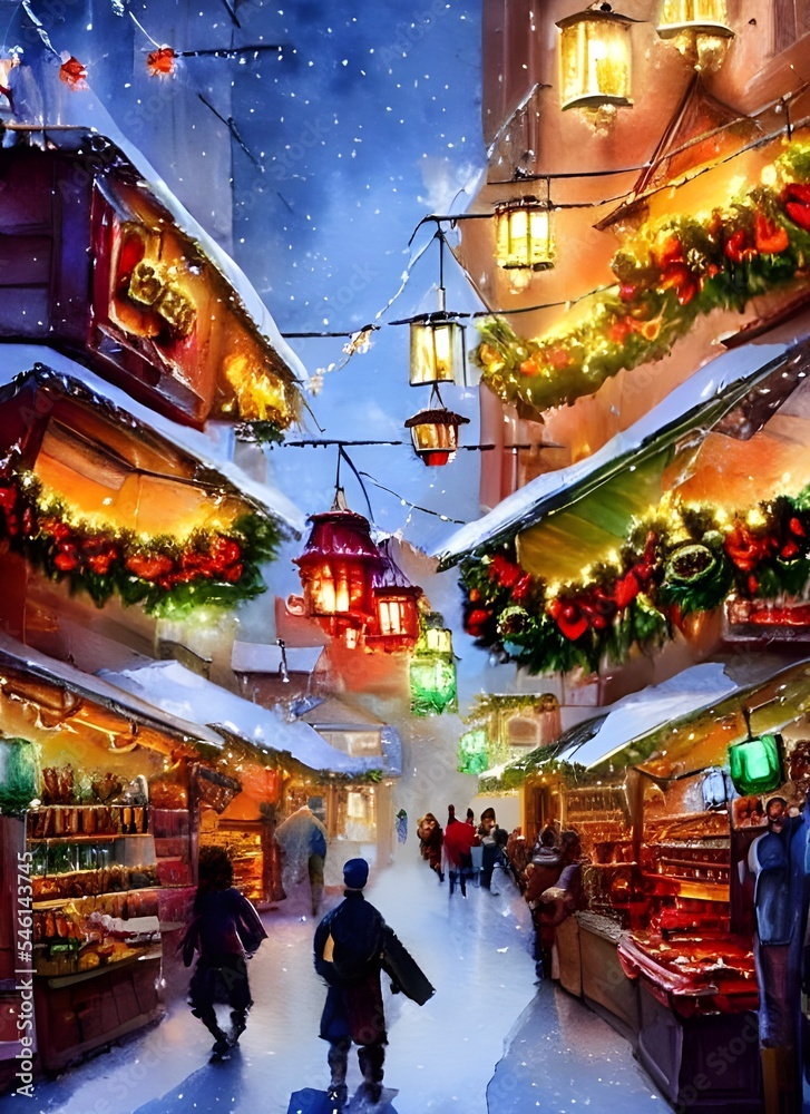 The Christmas market is bustling with people, all eager to find the perfect gifts for their loved ones. The smell of roasted chestnuts and gingerbread fills the air, making everyone feel warm and fest