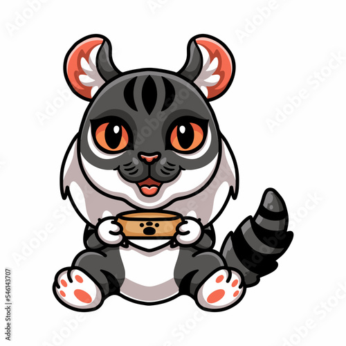 Cute American curl cat cartoon holding food bowl