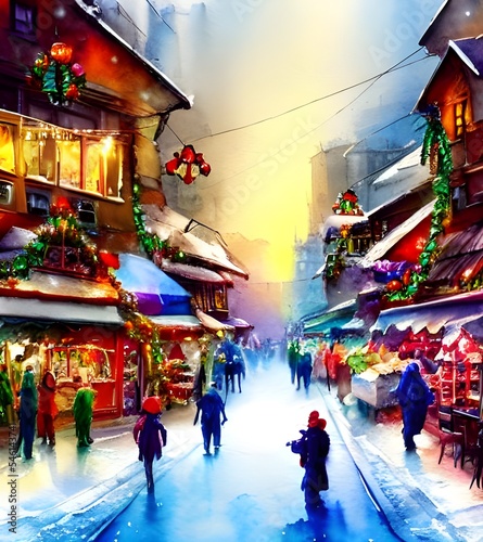 The air is full of the smell of cinnamon and gingerbread. Brightly coloured lights illuminate the stalls selling handmade trinkets and hot food. The ground is covered in a thin layer of snow, which cr © dreamyart